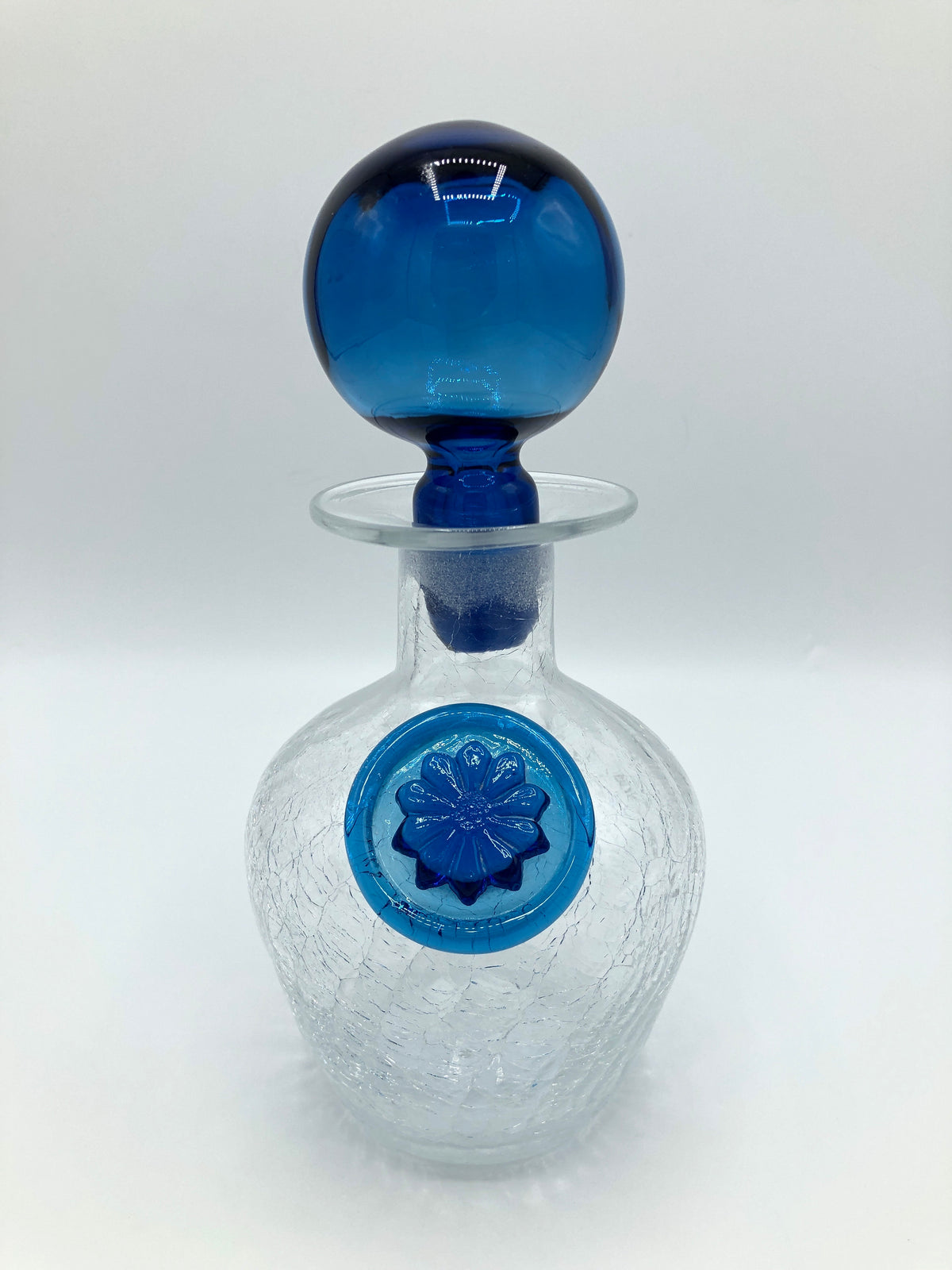 Vintage Blown Glass Decanter with Blue Stopper