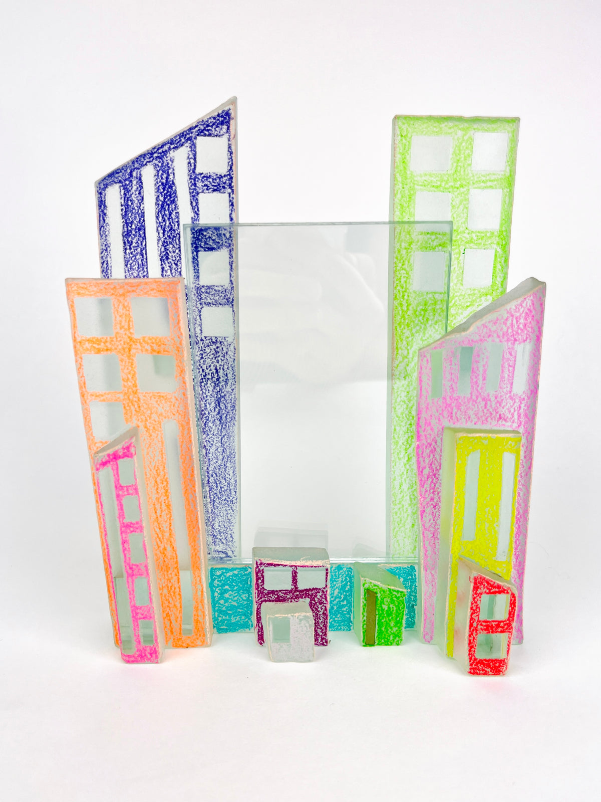 Postmodern Art Glass Cityscape Picture Frames - a Pair