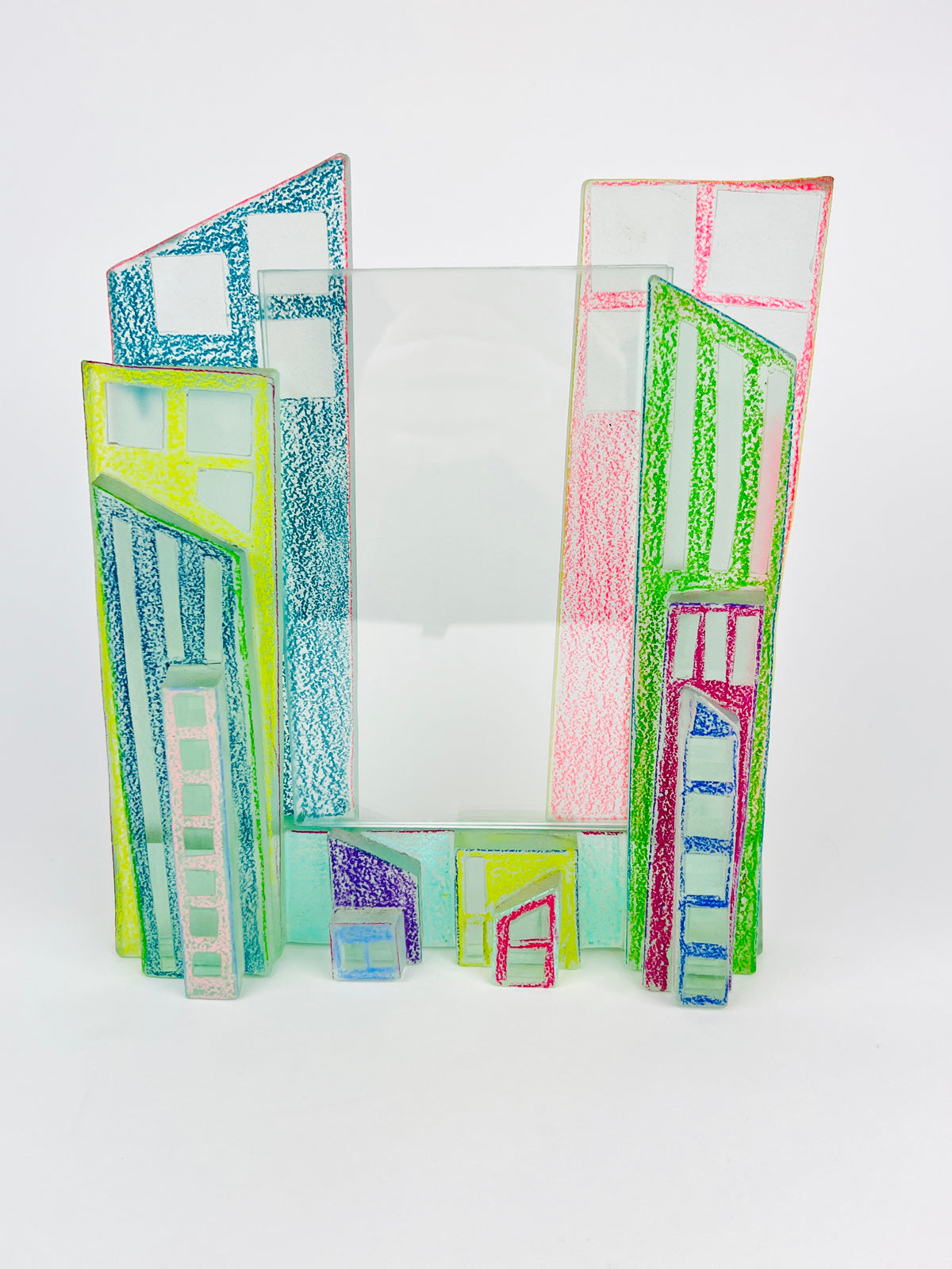 Postmodern Art Glass Cityscape Picture Frames - a Pair