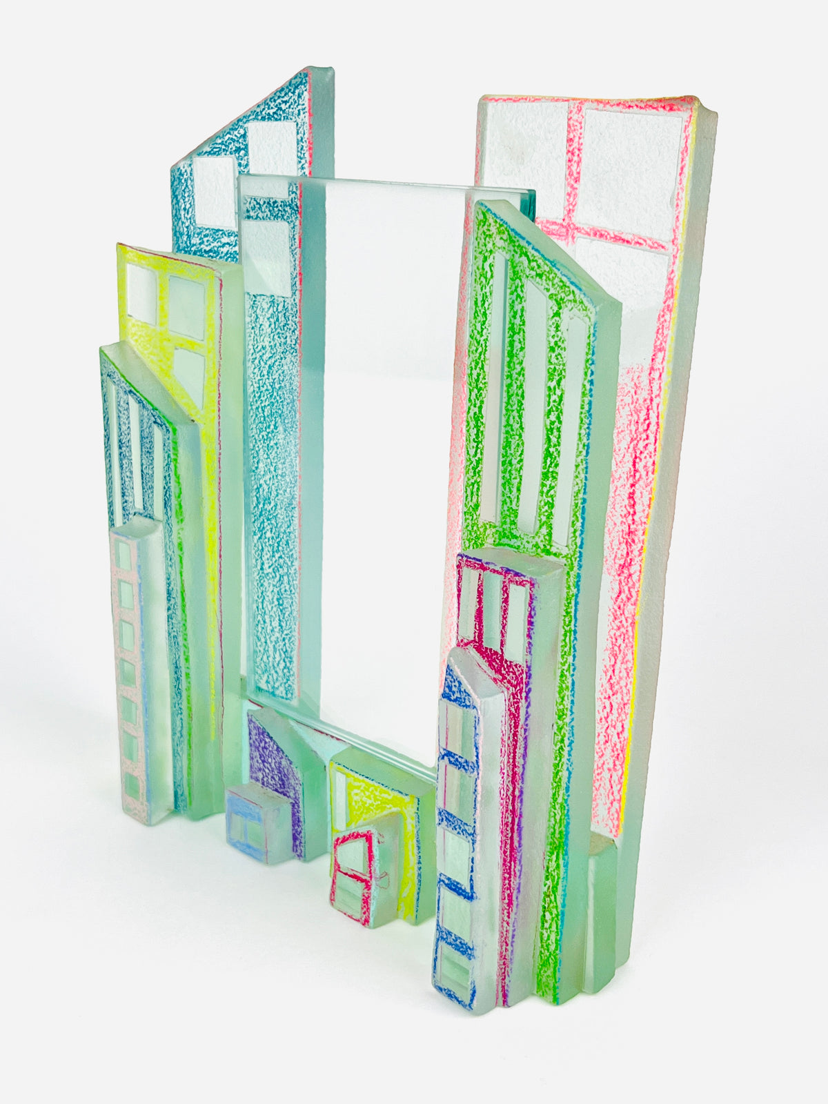 Postmodern Art Glass Cityscape Picture Frames - a Pair