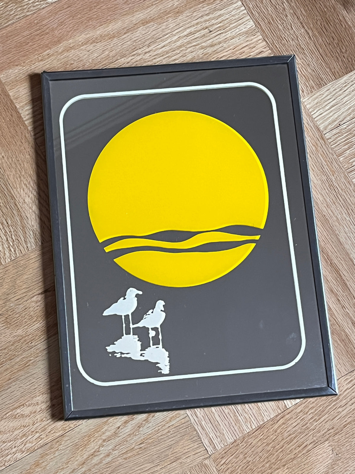 1970s Framed Art Mirror - Yellow Sun / Birds