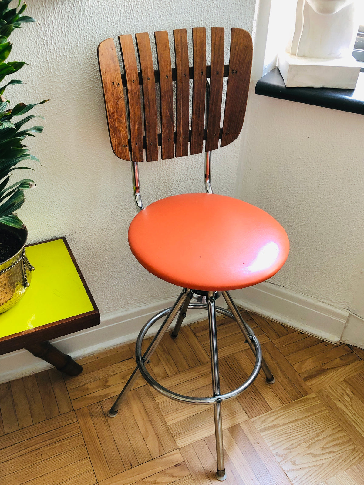 Slatted Wood Mid-Century Modern Stool