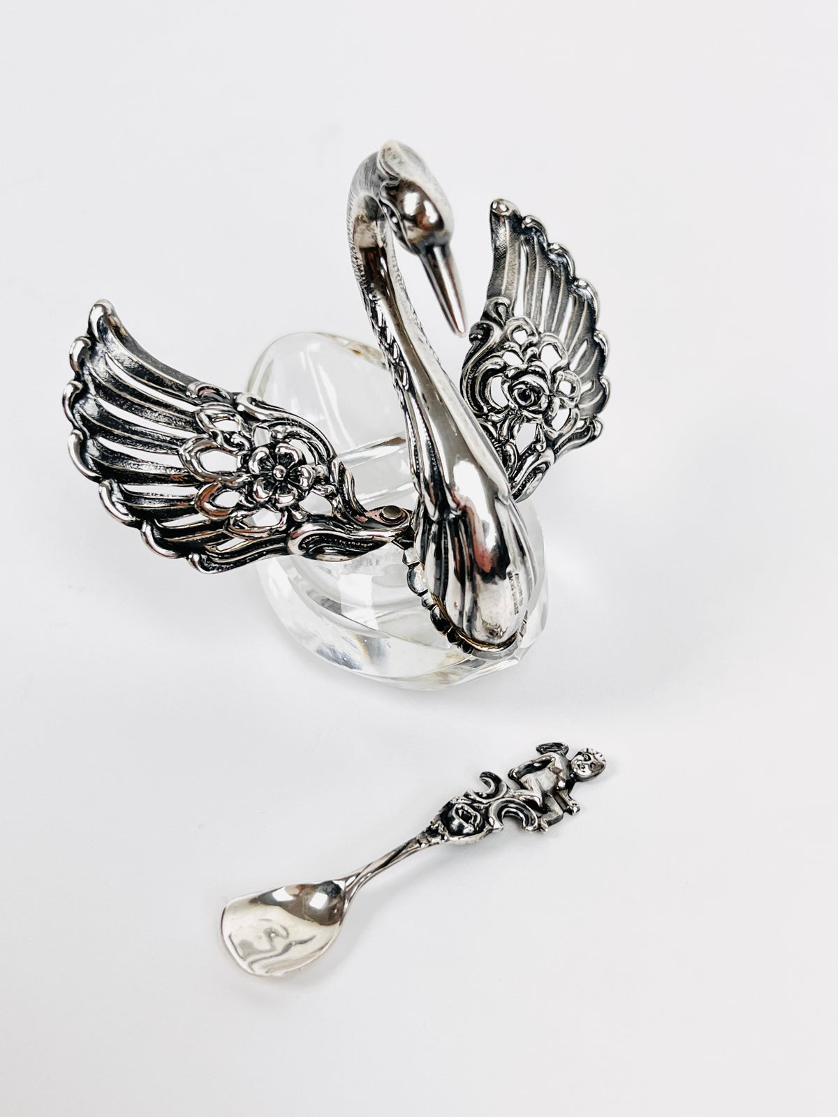 Vintage Sterling and Lucite Swan Salt Cellars - a Pair