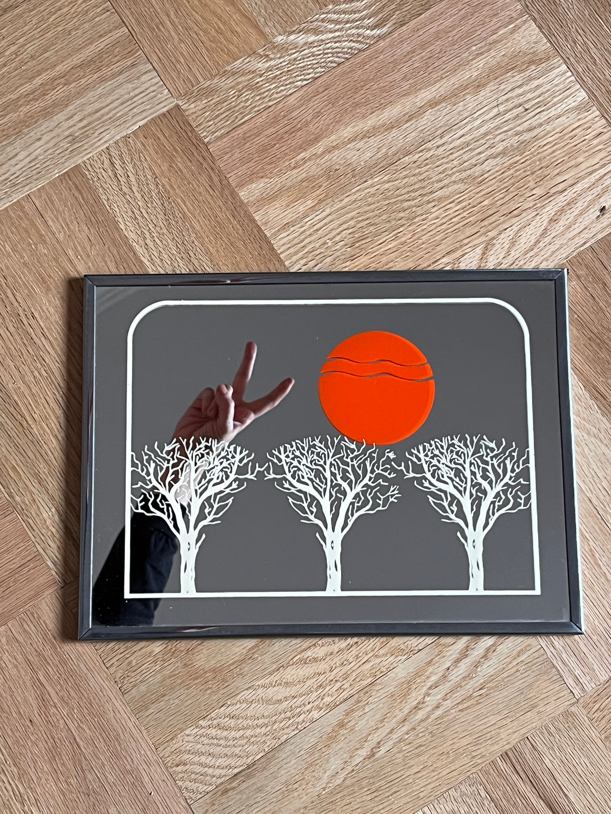 1970s Framed Art Mirror - Orange Sun / Trees