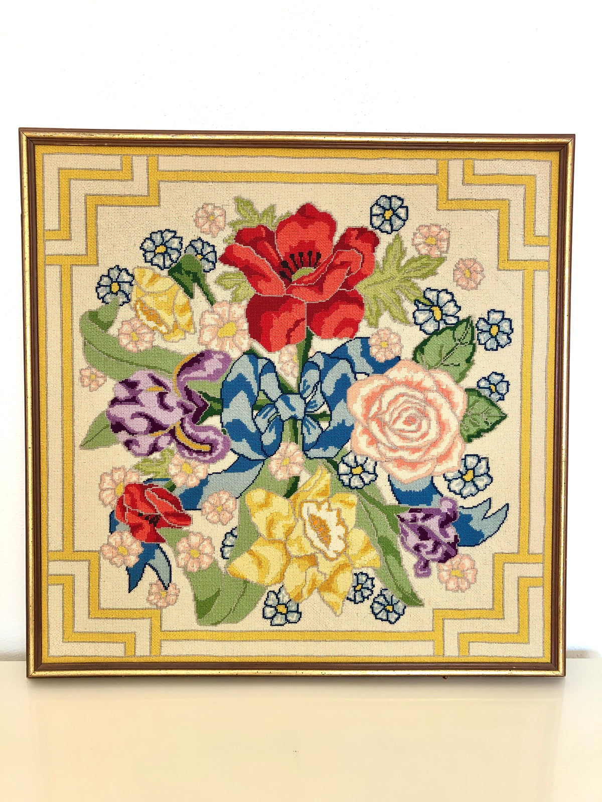 Mid-Century Framed Floral Needlepoint