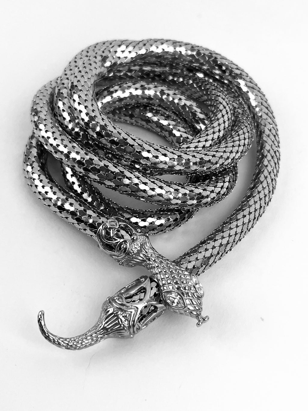 Vintage 1970s Metal Mesh Snake Head Clasp Belt Silver Gray-tone Snake Belt, Metal Mesh Body Clear  main image 2