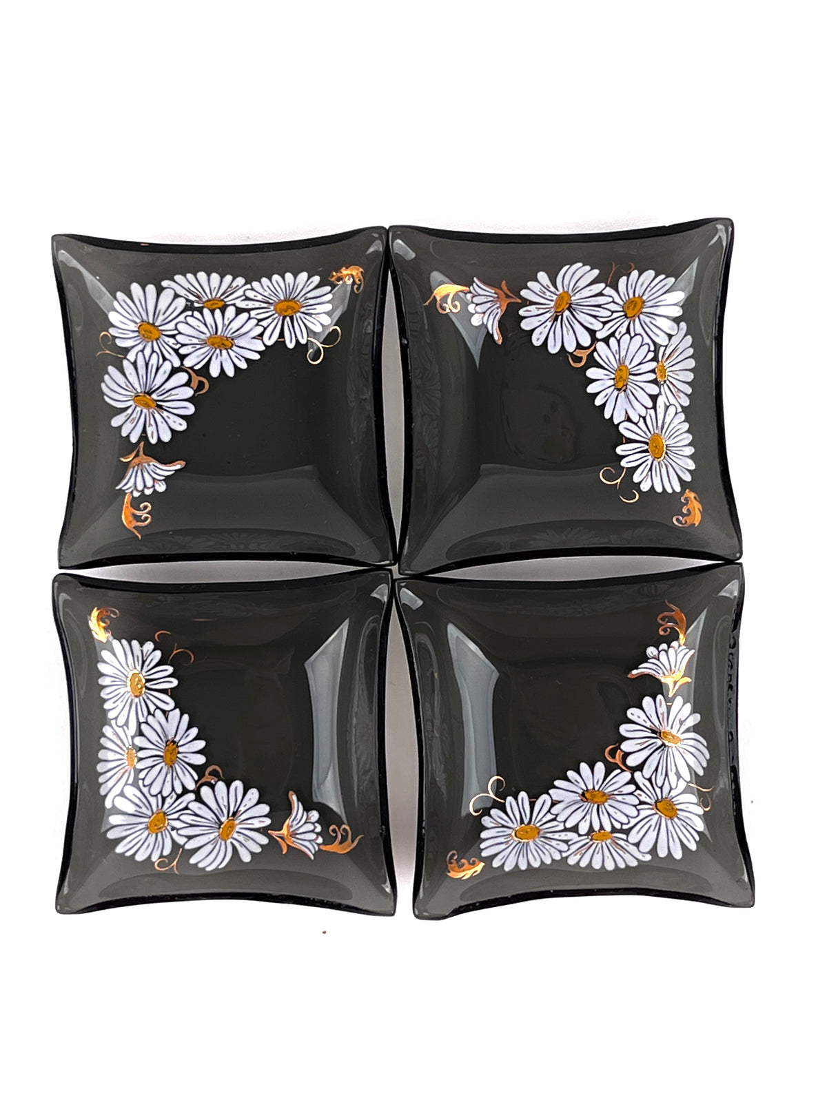 Small Smoked Glass Daisy Dishes - 4pc