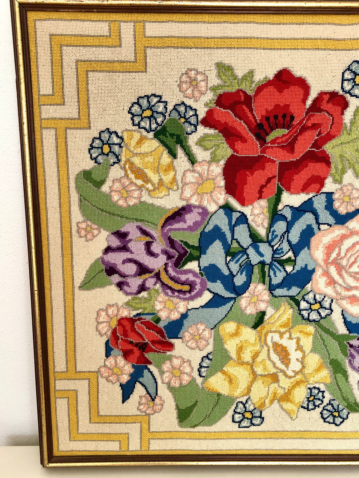 Mid-Century Framed Floral Needlepoint