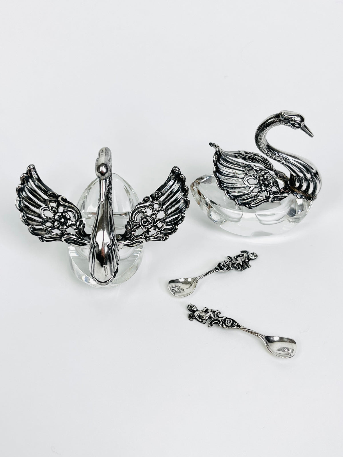 Vintage Sterling and Lucite Swan Salt Cellars - a Pair