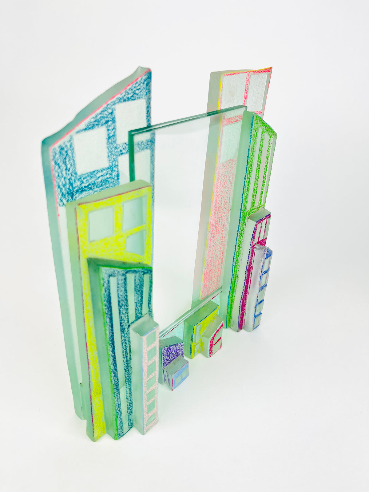 Postmodern Art Glass Cityscape Picture Frames - a Pair