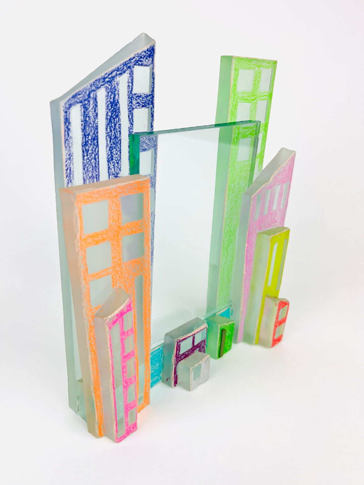 Postmodern Art Glass Cityscape Picture Frames - a Pair