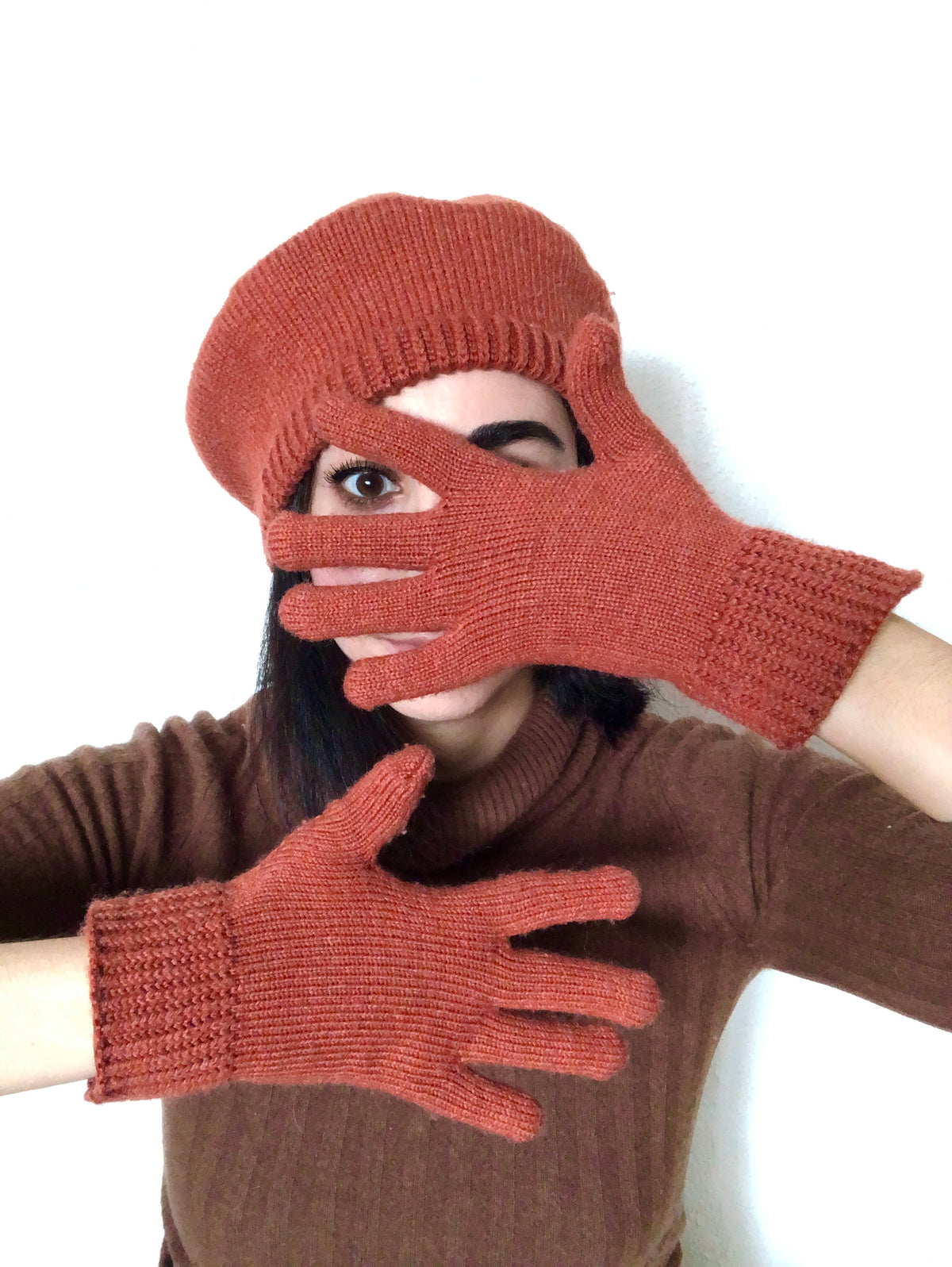 Vintage Persimmon Knit Hat and Glove Set