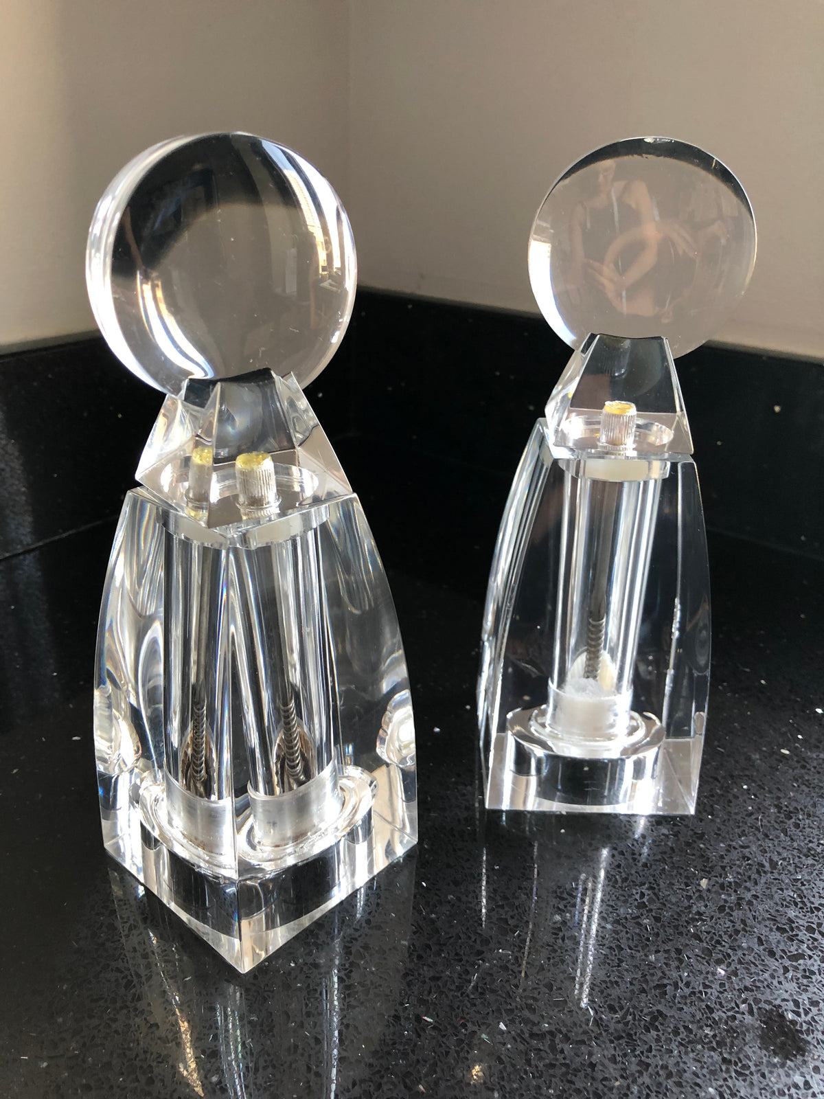 Optical Lucite Salt + Pepper Mills by Wayne Husted for Grainware