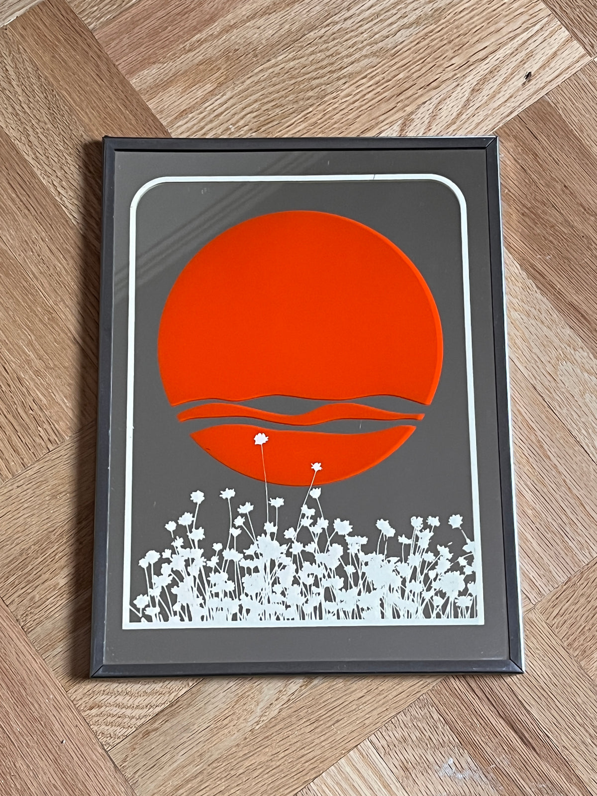 1970s Framed Art Mirror - Orange Sun / Wildflowers