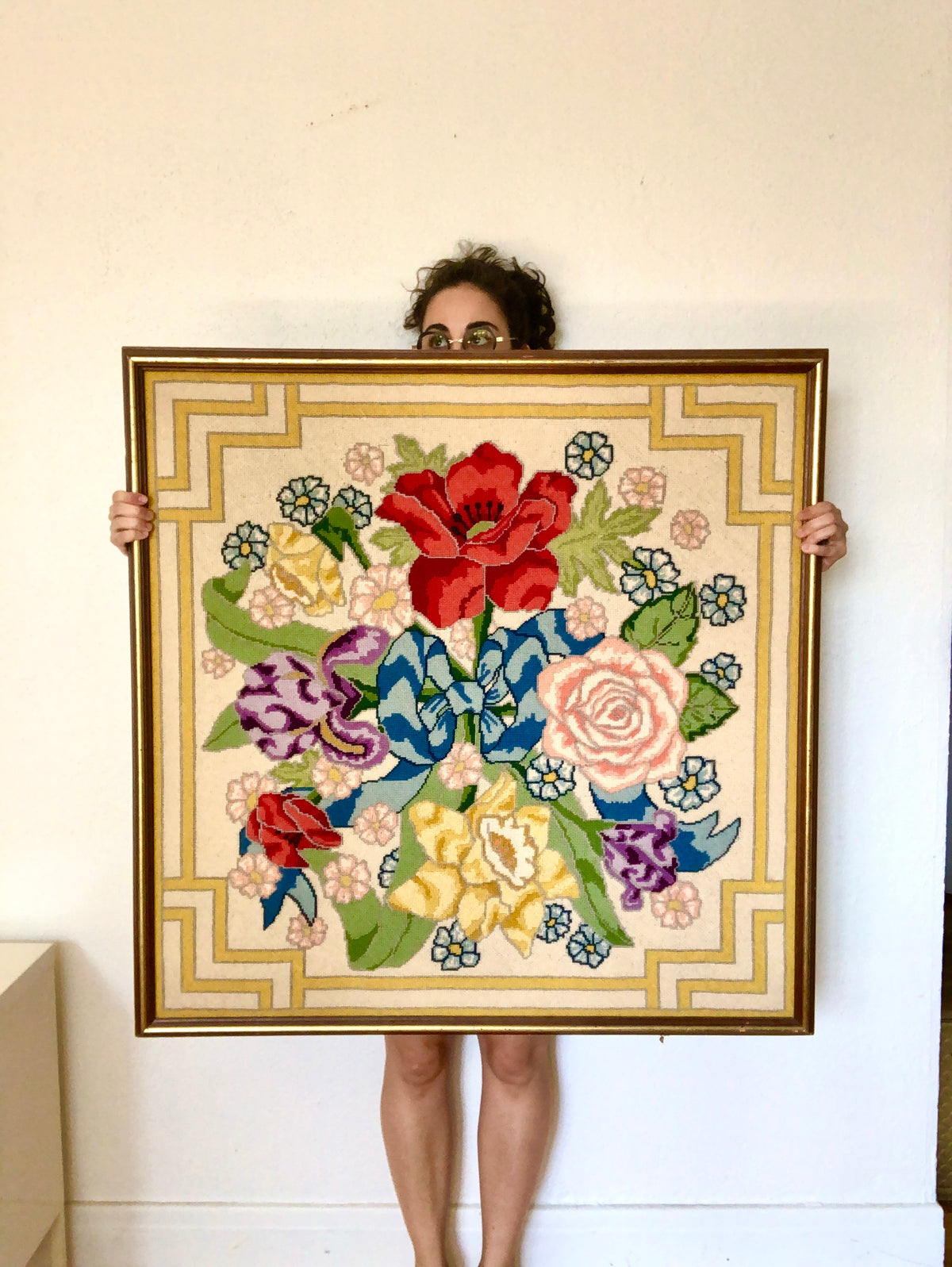 Mid-Century Framed Floral Needlepoint
