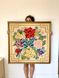 Mid-Century Framed Floral Needlepoint