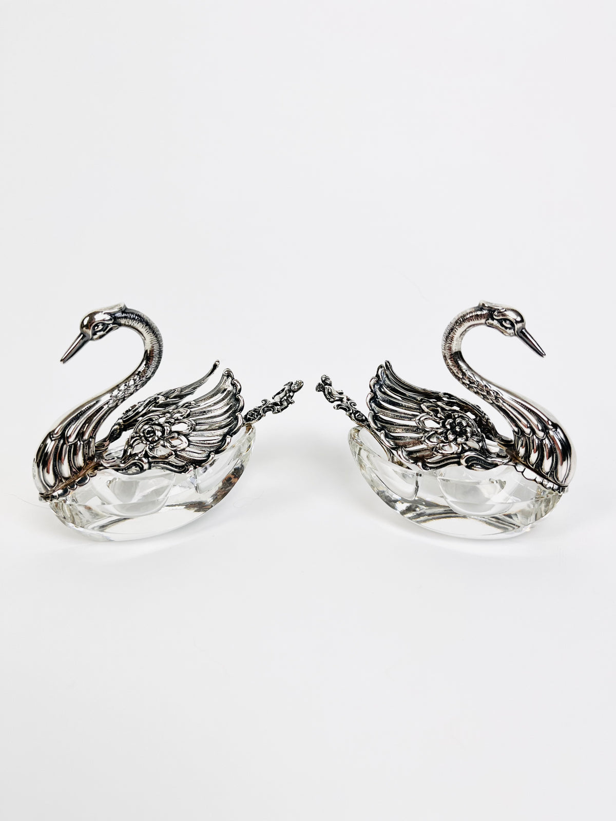 Vintage Sterling and Lucite Swan Salt Cellars - a Pair