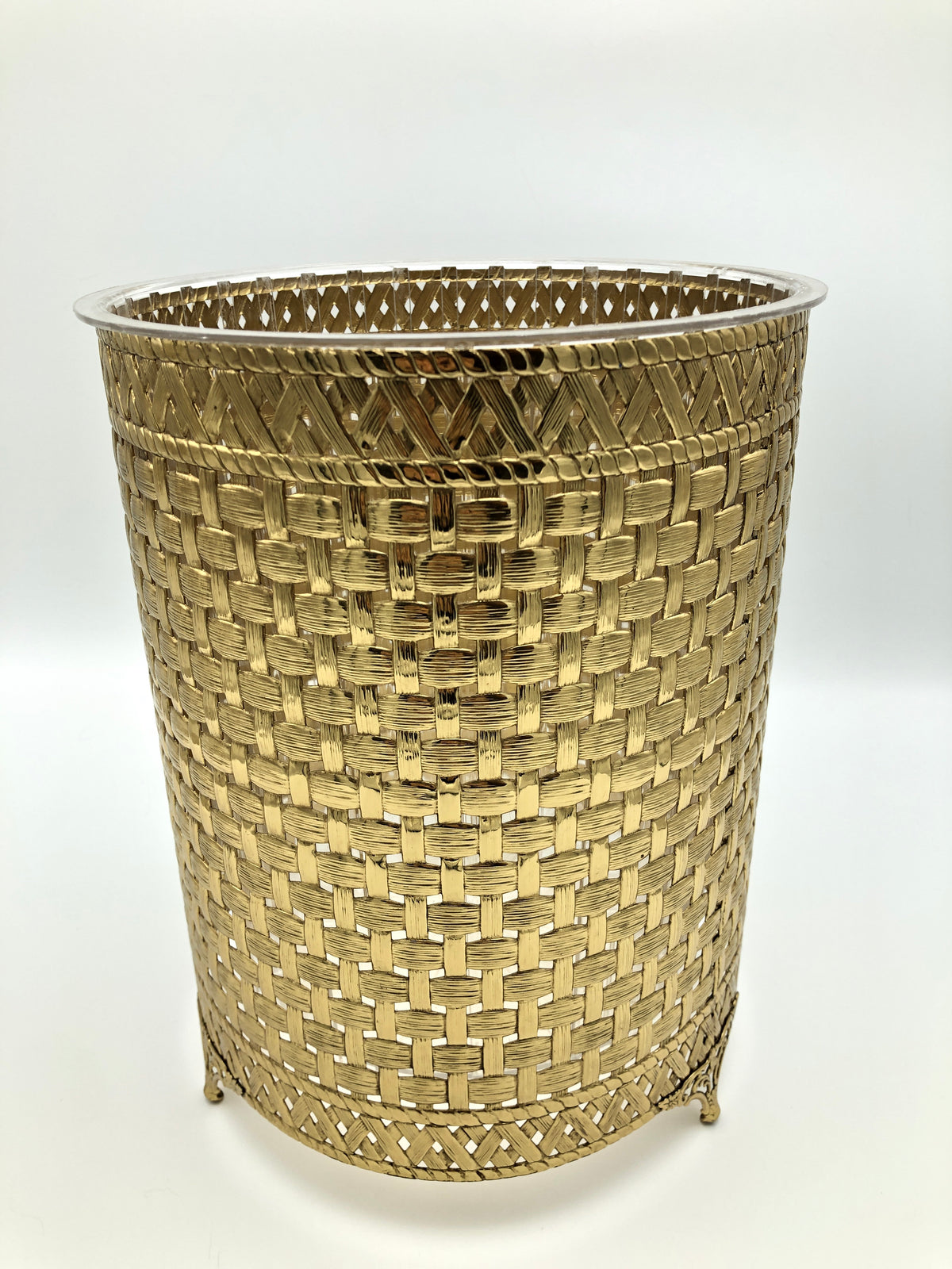 vintage hollywood regency wastebin trashcan bathroom woven brass