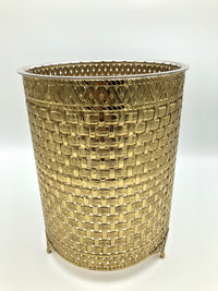 vintage hollywood regency wastebin trashcan bathroom woven brass