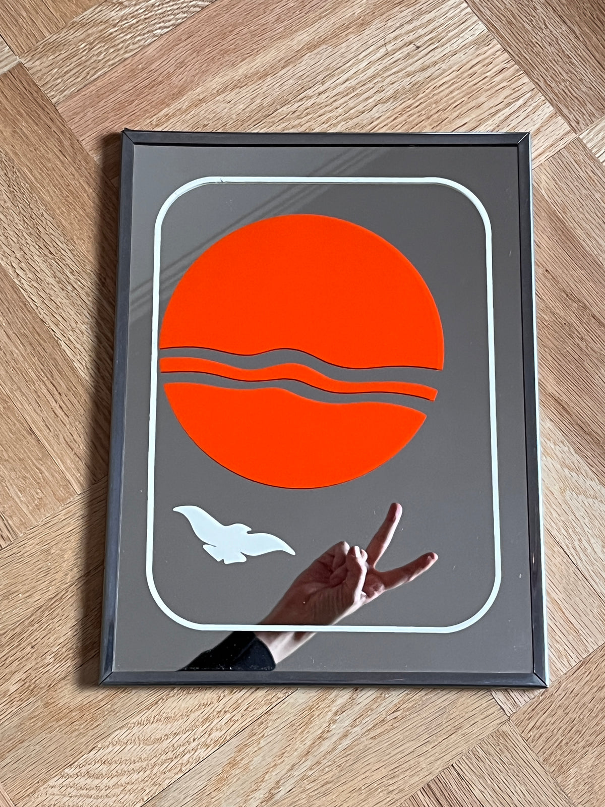 1970s Framed Art Mirror - Orange Sun / Bird
