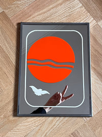 1970s Framed Art Mirror - Orange Sun / Bird