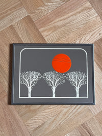 1970s Framed Art Mirror - Orange Sun / Trees