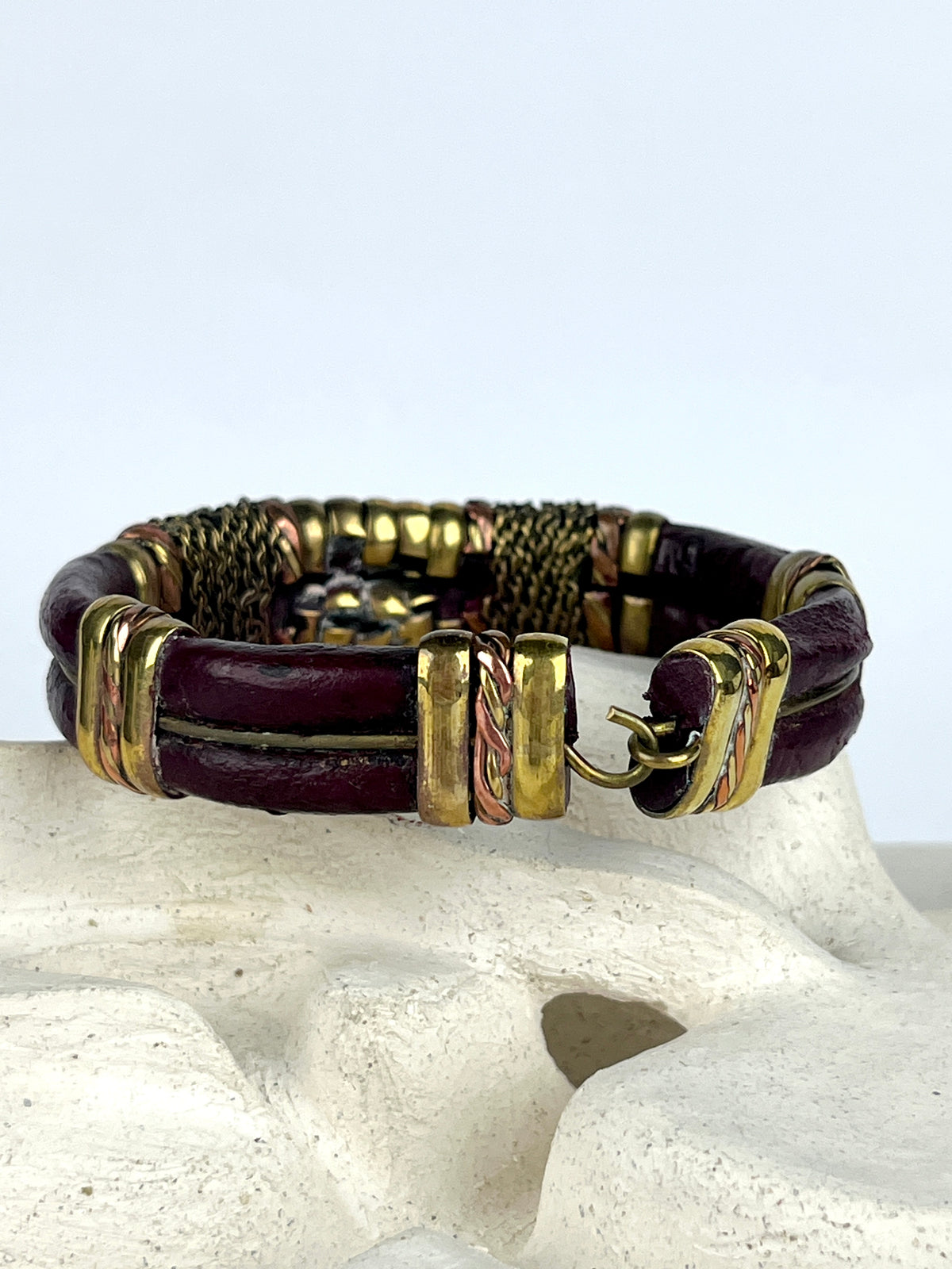 Vintage Leather, Brass & Copper Bracelet - Oxblood