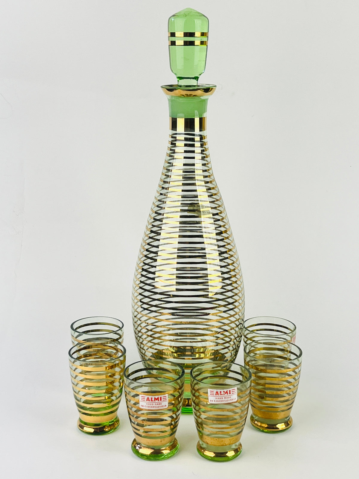 Art Deco Hand-Blown Czech Glass Decanter Set