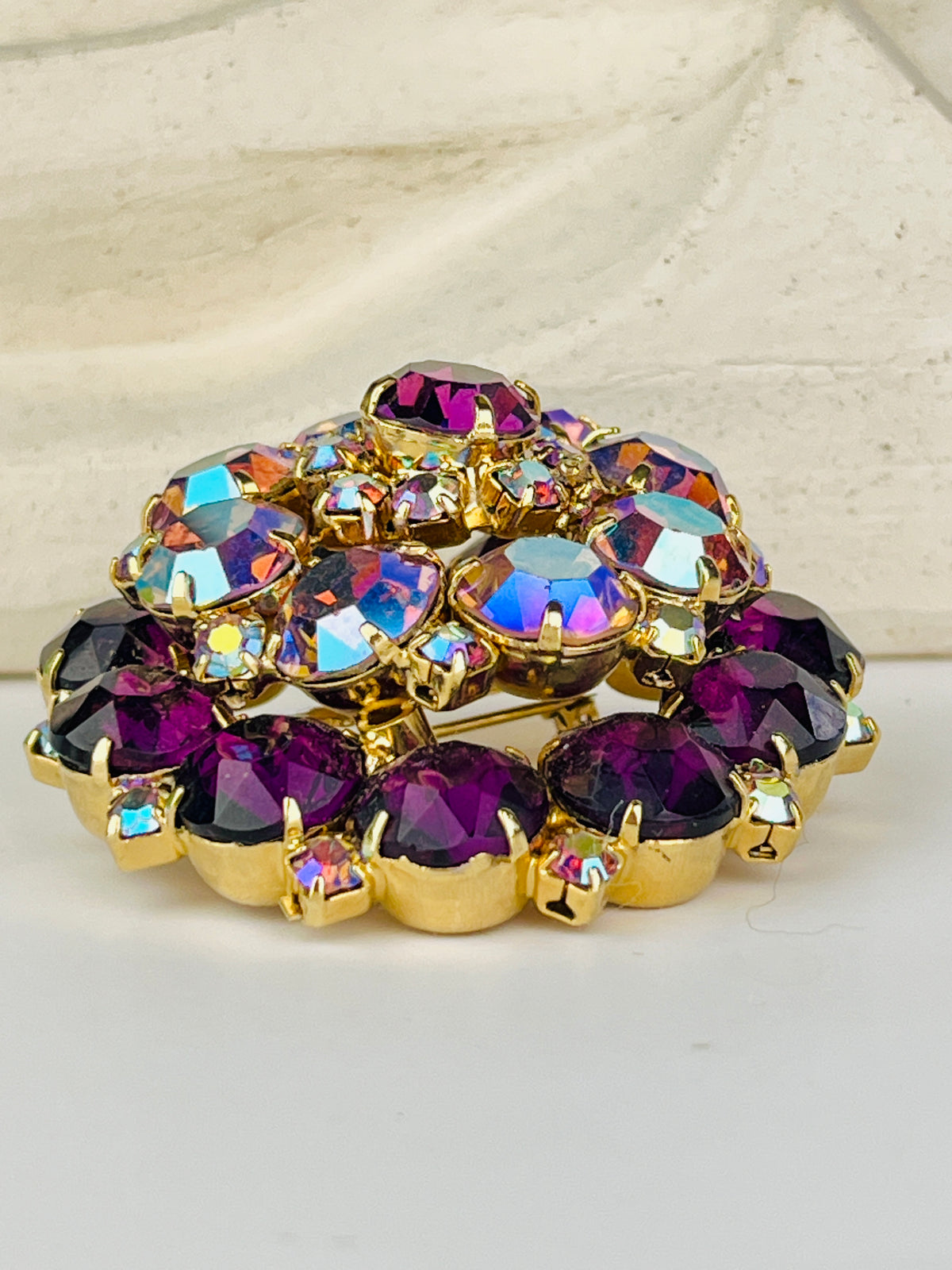 Vintage 1950s Purple and Iridescent Rhinestone Brooch
