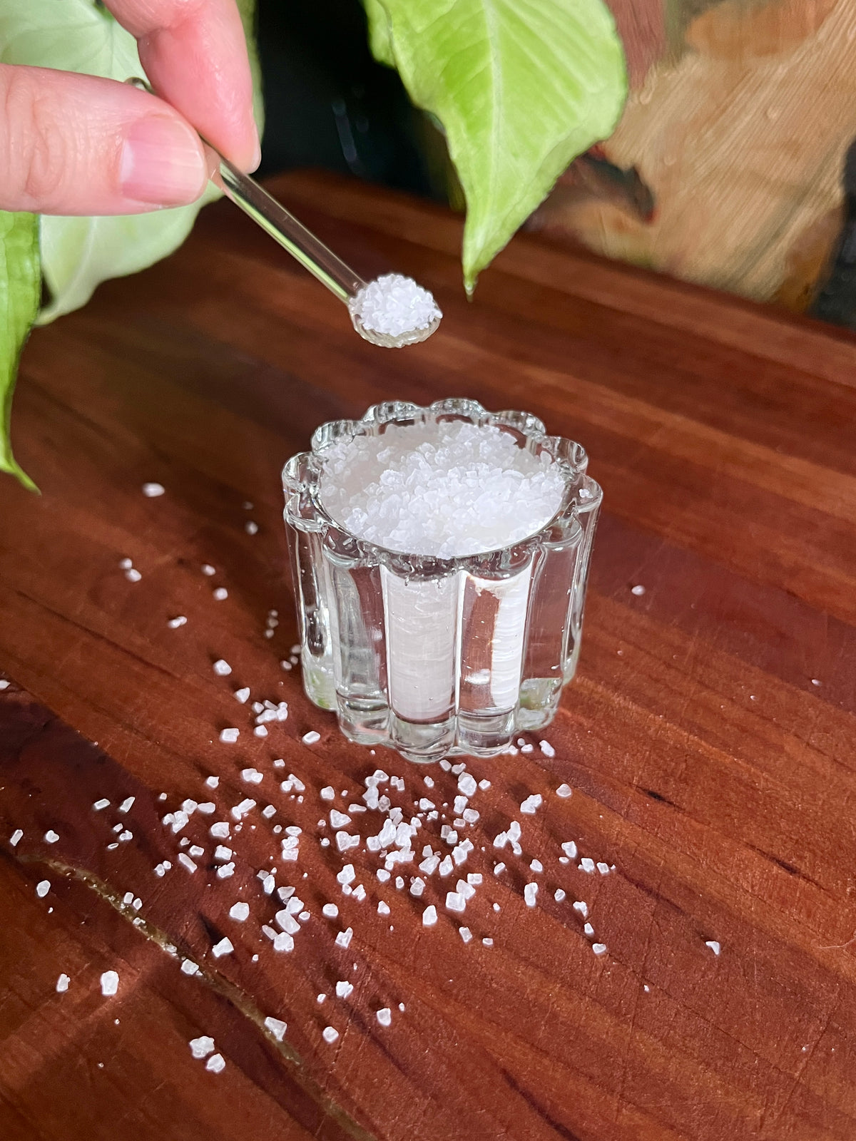Vintage Glass Salt Server & Spoon