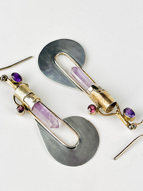 Vintage Modernist Gold Vermeil, Sterling & Gemstone Earrings by Michou