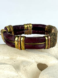 Vintage Leather, Brass & Copper Bracelet - Oxblood