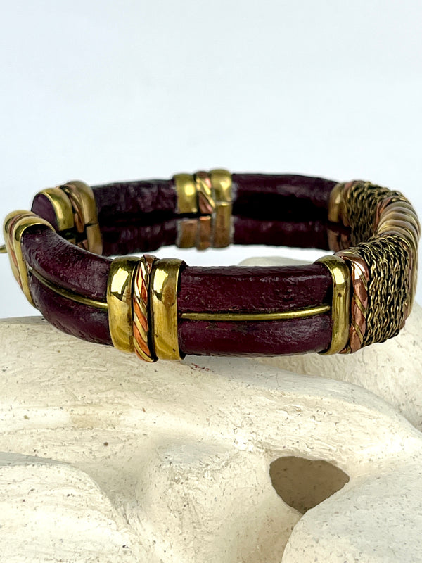 Vintage Leather, Brass & Copper Bracelet - Oxblood