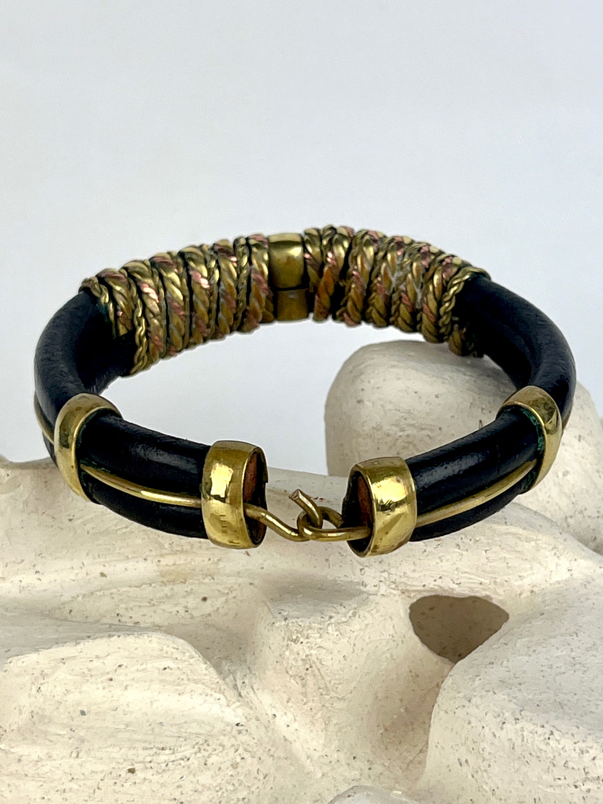 Vintage Leather, Brass & Copper Bracelet - Dark Brown