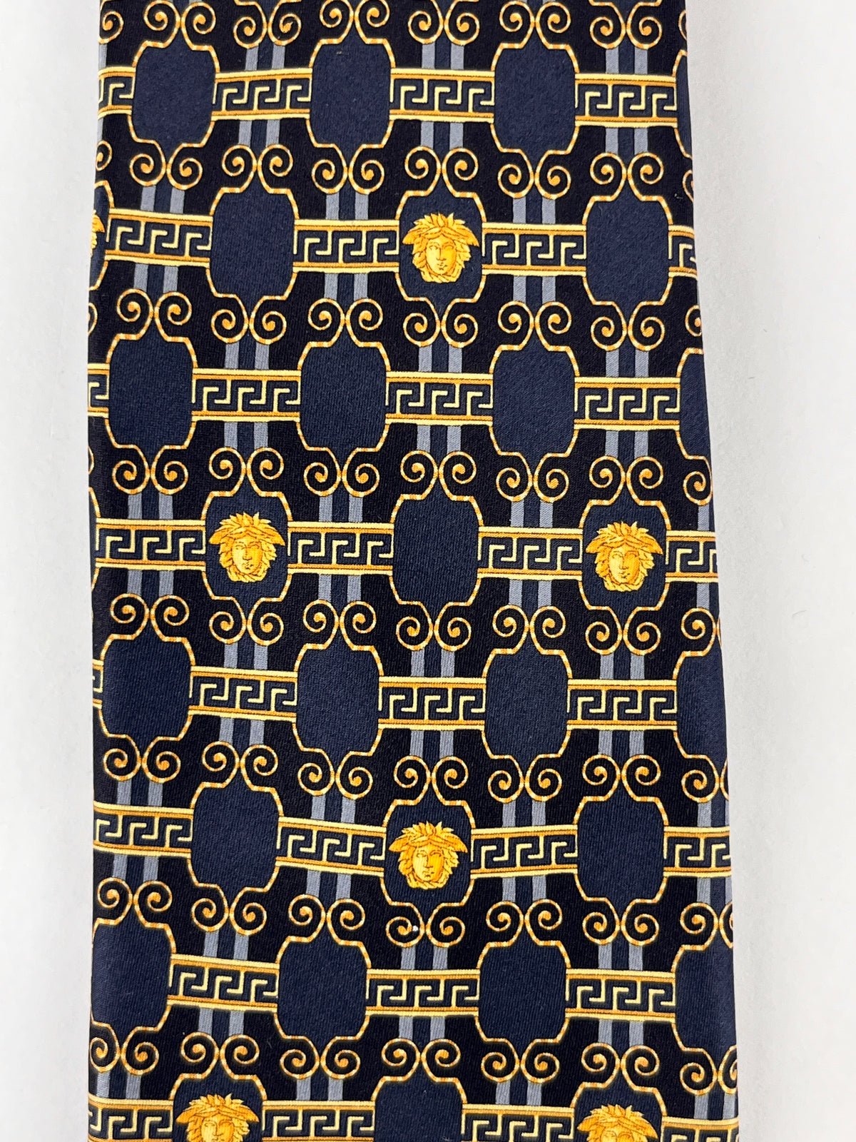 Gianni Versace Vintage 90s Silk Tie, Medusa, Greek Key, Scroll Design