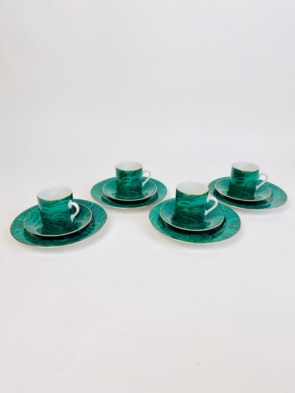 Vintage Malachite Demitasse Cups, Saucers, and Dessert Plates by Neiman Marcus
