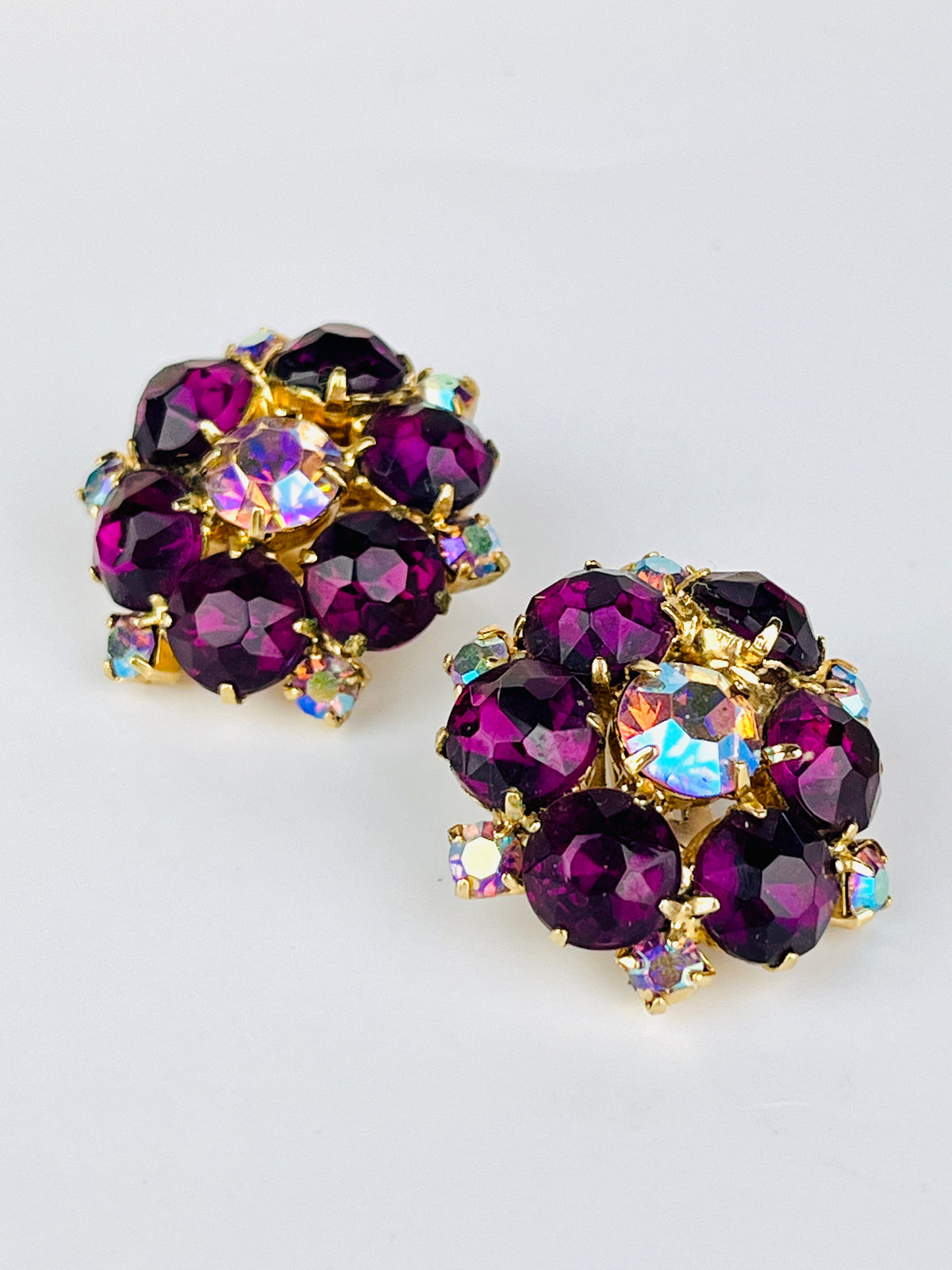 Vintage 1950s Purple and Iridescent Rhinestone Earrings