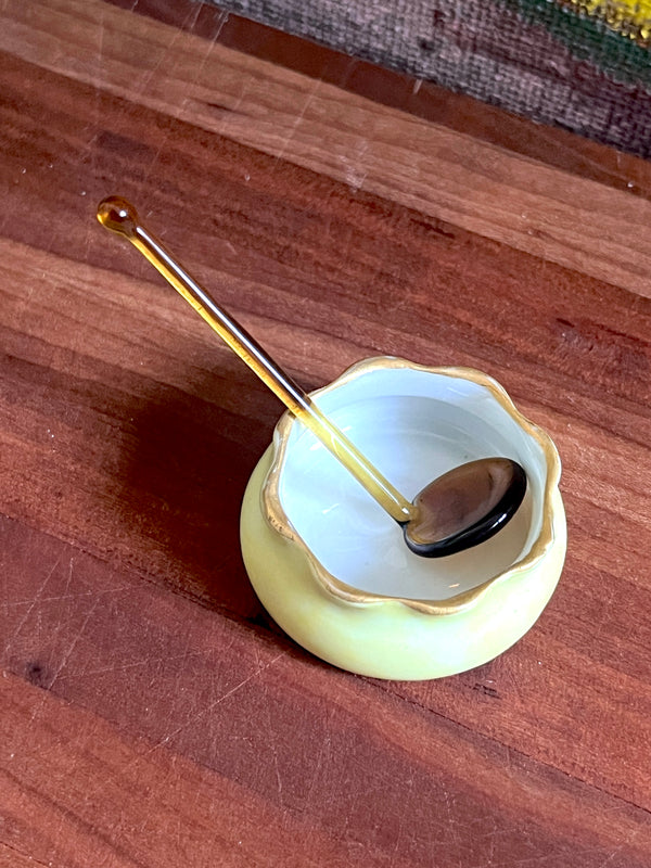 Vintage Porcelain Salt Server & Spoon - Pale Citron
