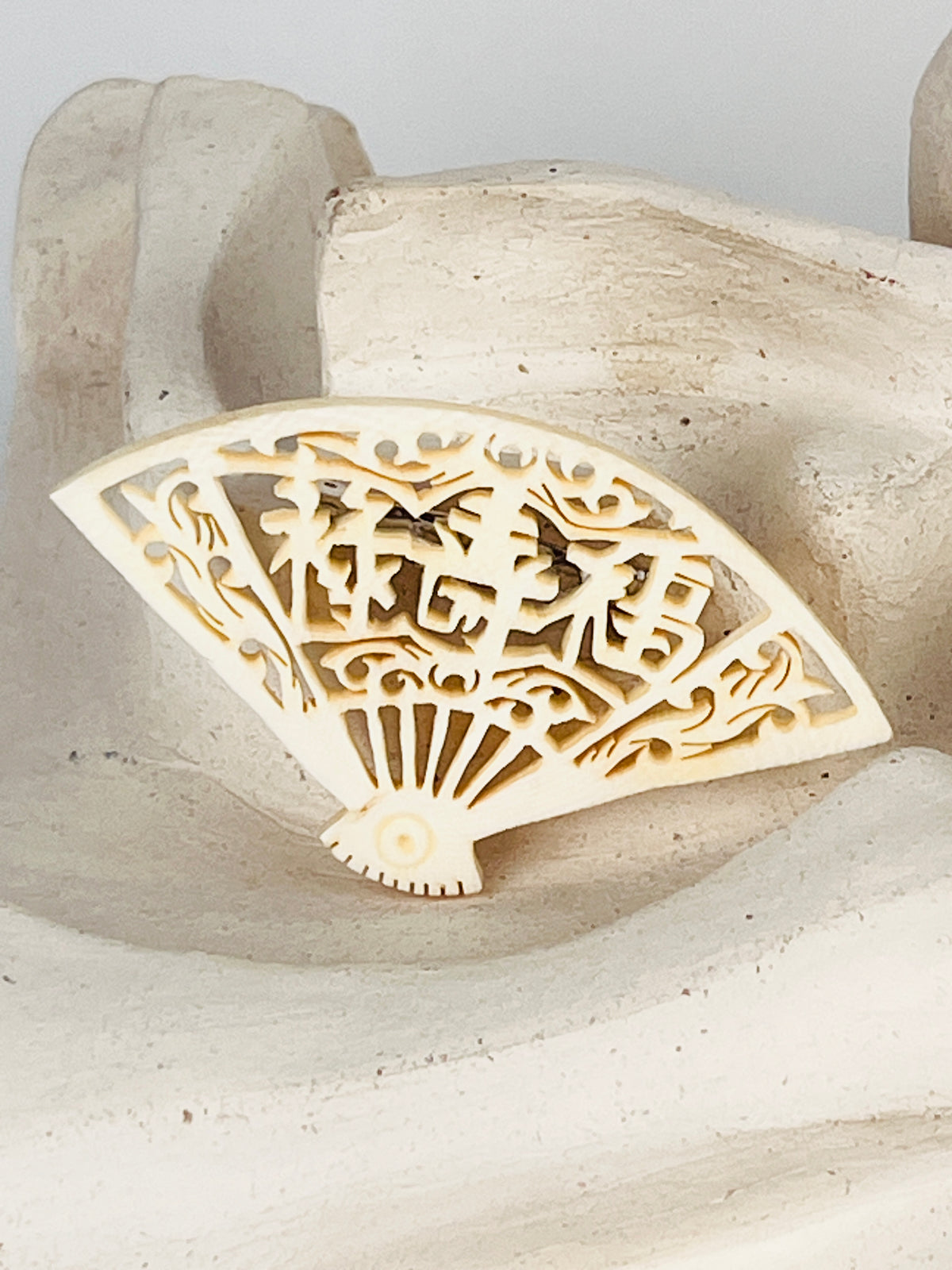 Vintage Carved Bone Fan Brooch