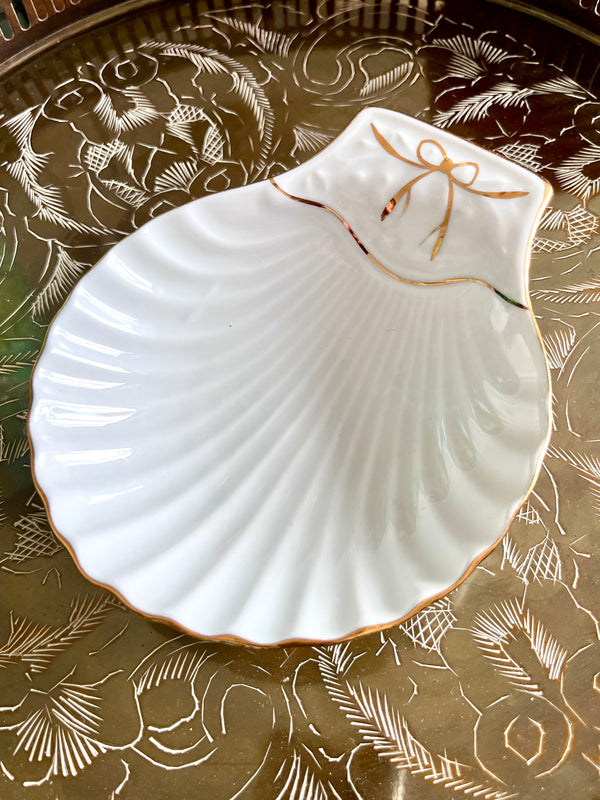 Vintage French Porcelain Shell Dish with 22k Gold Bow