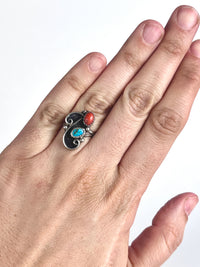 Vintage Navajo Sterling, Turquoise & Coral Ring
