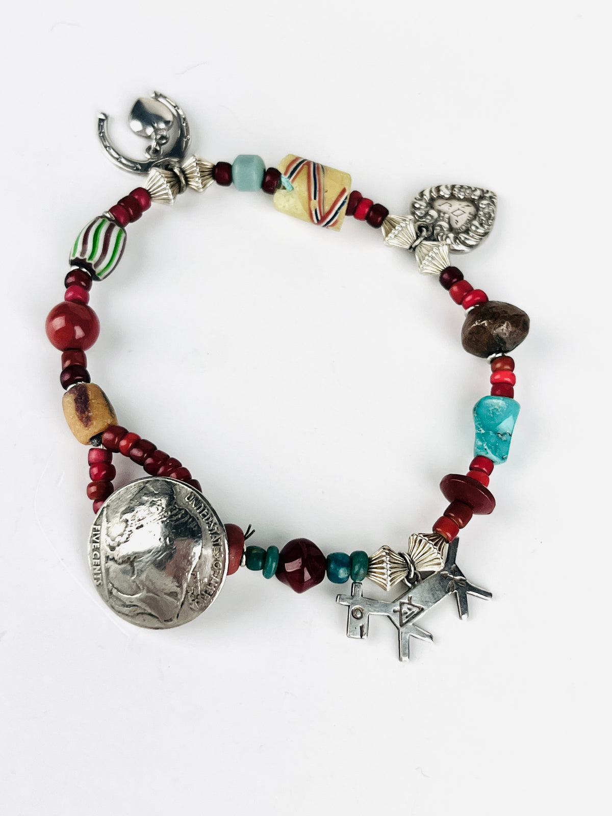 Vintage Buffalo Nickel, Sterling Charms, and Trade Beads Bracelet