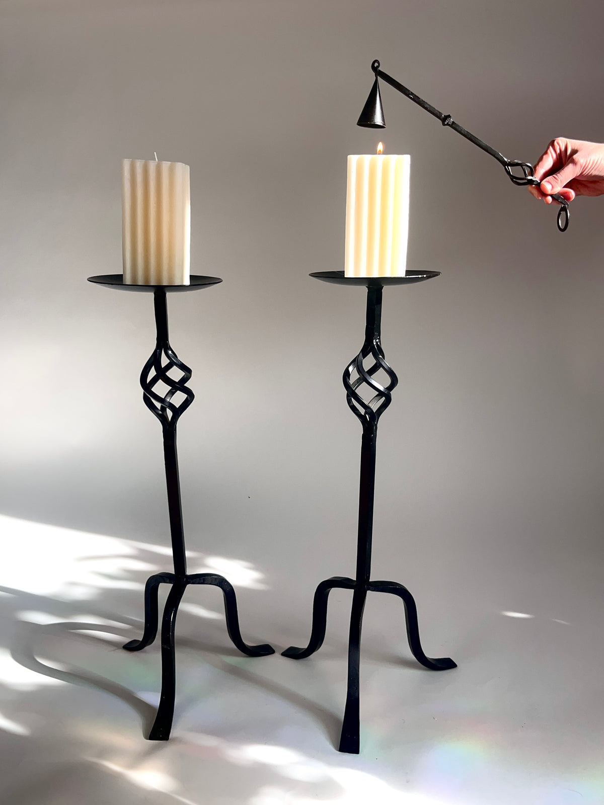 Vintage Wrought Iron Candle Holders & Snuffer, 3pc Set