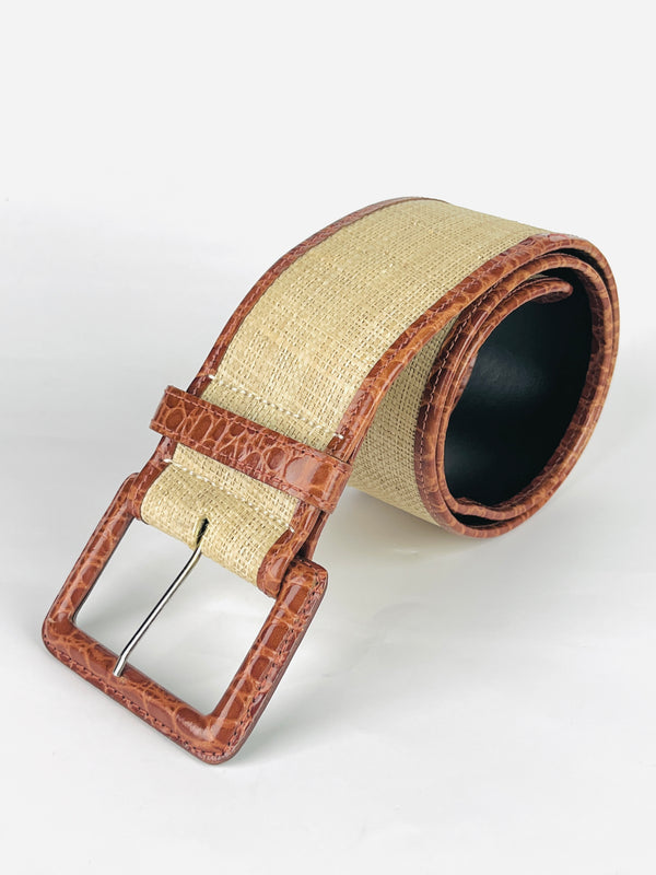 Vintage Leather & Woven Raffia Belt
