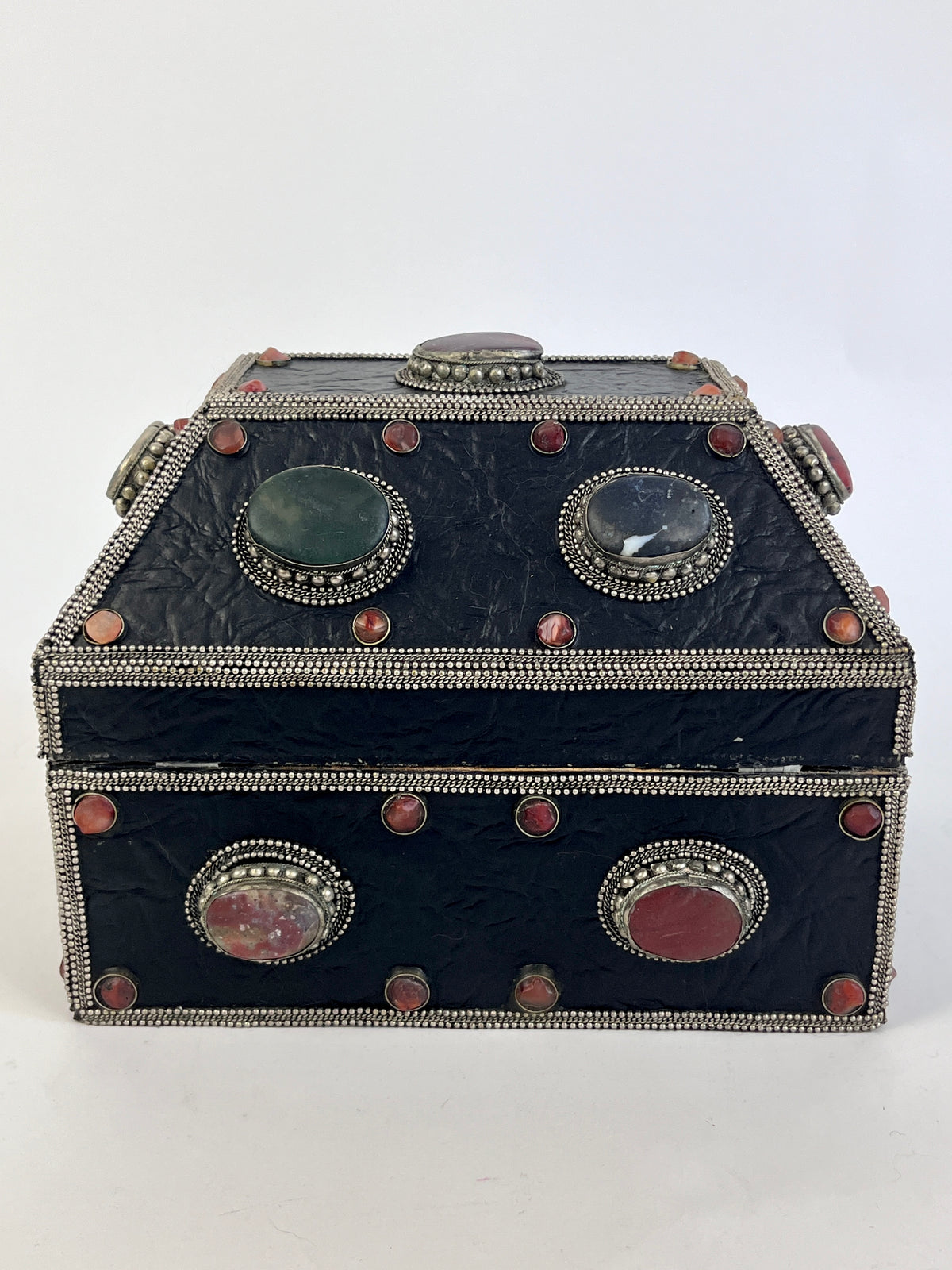 Large 1970s Vintage Moroccan Box with Bezeled Agate Stones