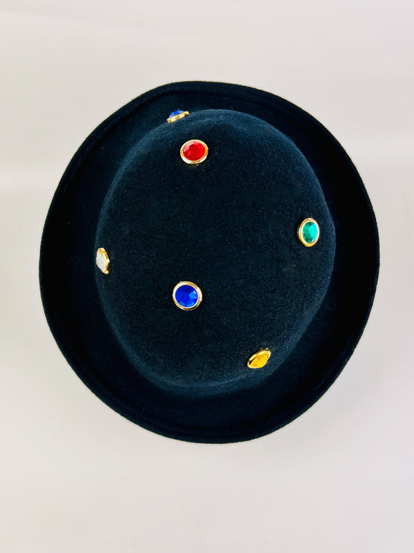 Vintage 90s Black Wool Hat with Faux Gems