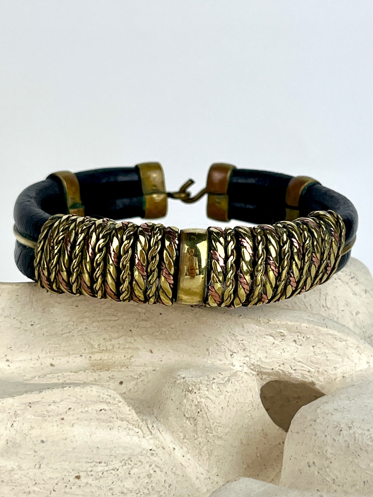 Vintage Leather, Brass & Copper Bracelet - Dark Brown