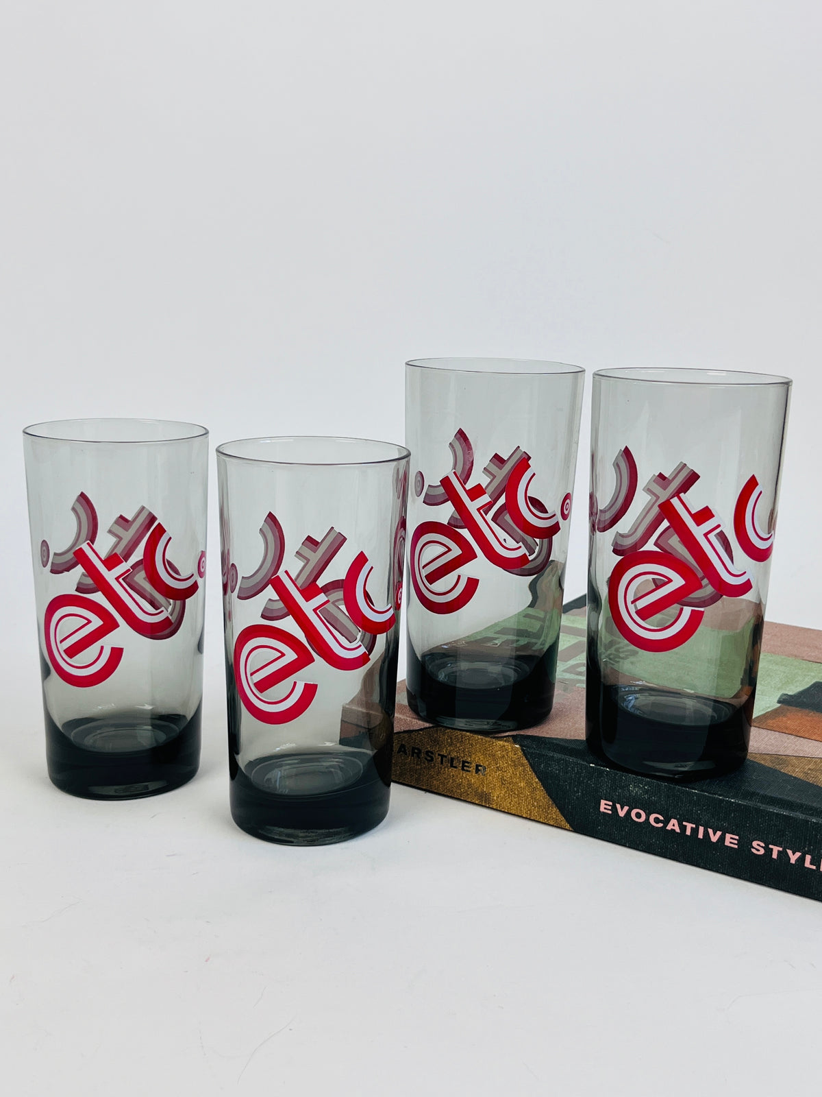 Vintage Pop Art “etc.” Smoked Glass Tumblers