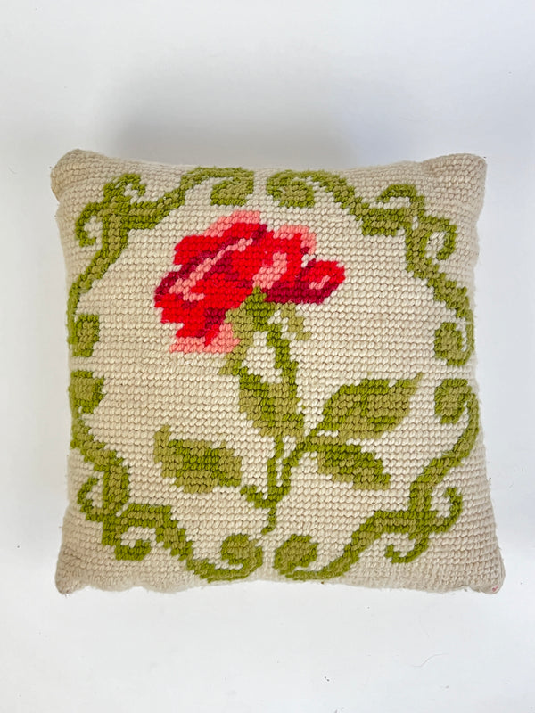 Vintage Needlepoint Rose Pillow