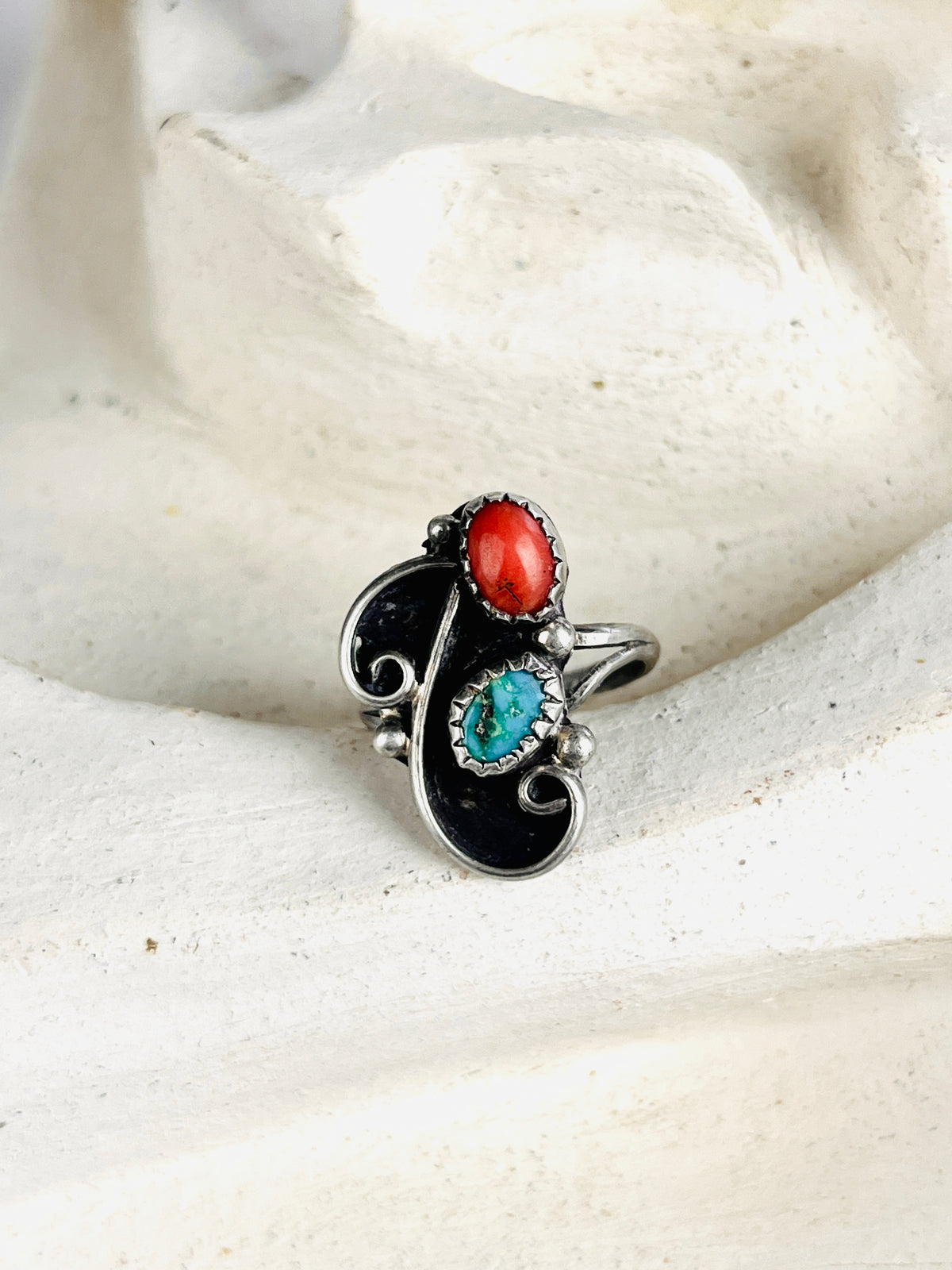 Vintage Navajo Sterling, Turquoise & Coral Ring